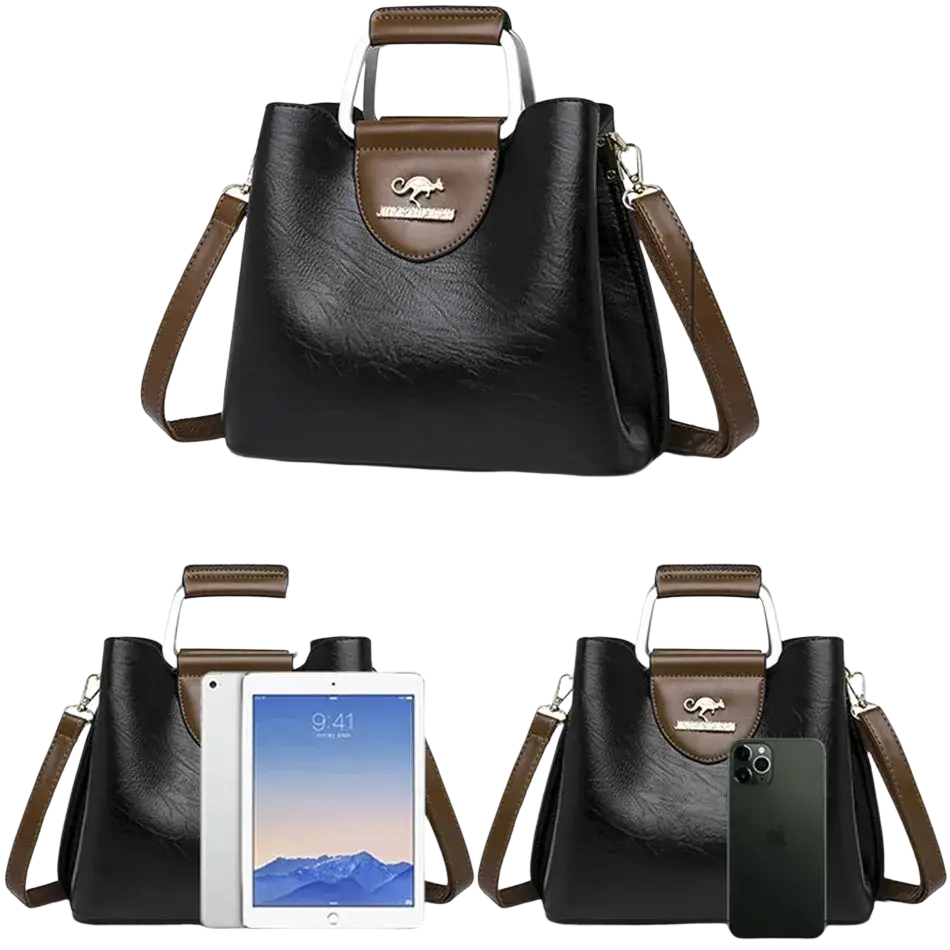 Black leather tote bag with brown accents metal kangaroo logo plaque and pocket interior for organized storage