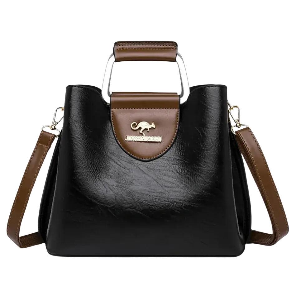 Black leather tote bag with brown accents metal kangaroo logo plaque and a pocket interior for organized storage