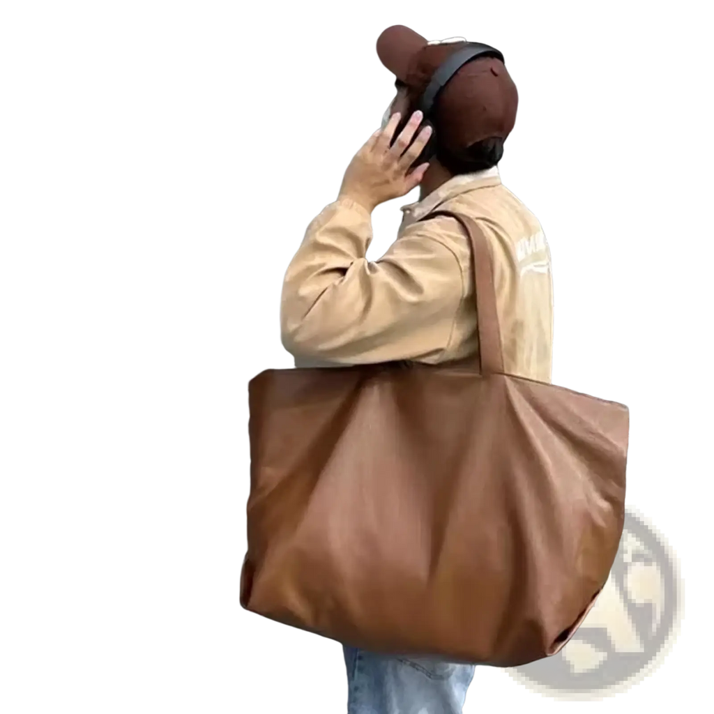 Brown leather tote bag with a single shoulder strap large capacity commuter shopper for daily use