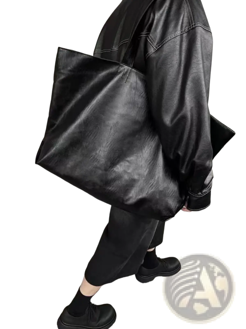 Black faux leather tote bag with minimalist design and subtle texture large capacity commuter shopper