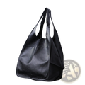 Black leather tote bag with soft textured surface and two sturdy handles large capacity slouchy shoulder bag