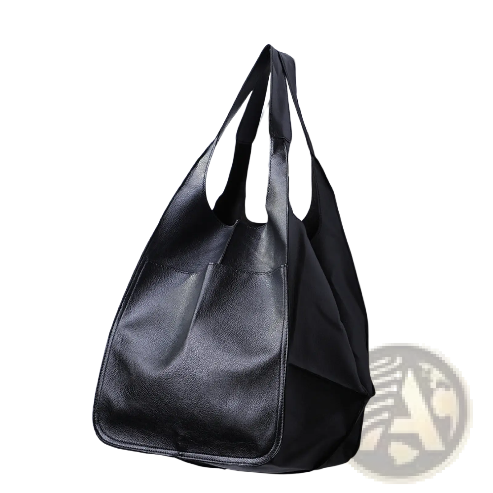 Black leather tote bag with soft textured surface and two sturdy handles large capacity slouchy shoulder bag