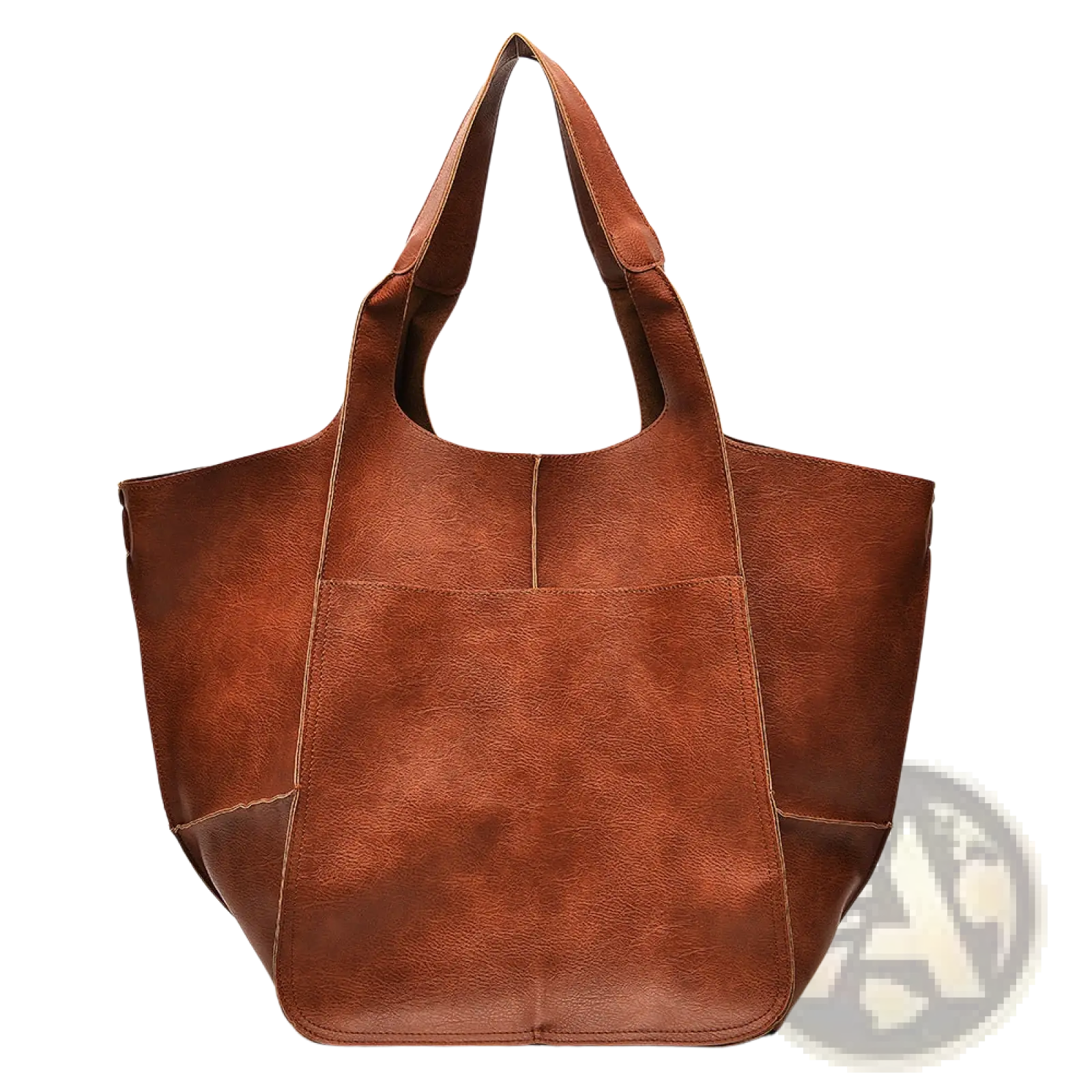 Brown leather tote bag with large capacity soft slouchy design and visible stitching details in minimalist style