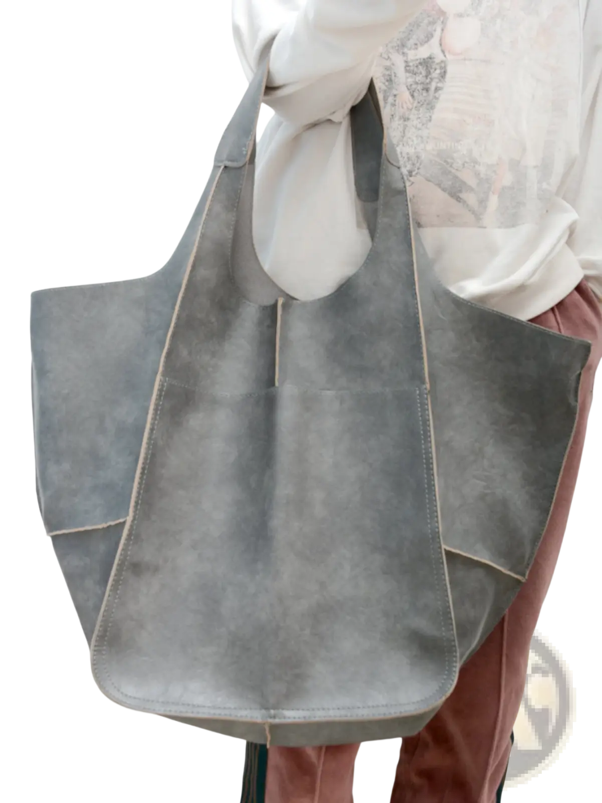 Gray suede leather tote bag with contrasting light stitching and minimalist design for large capacity use
