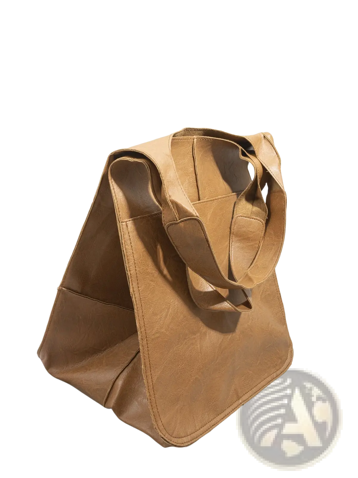 A tan faux leather leather tote bag with sturdy handles and a minimalist design for large capacity use