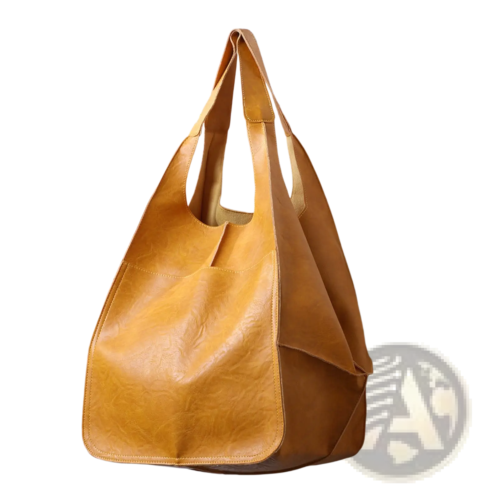 A tan leather tote bag with a soft slouchy texture and clean stitching for large capacity shoulder use