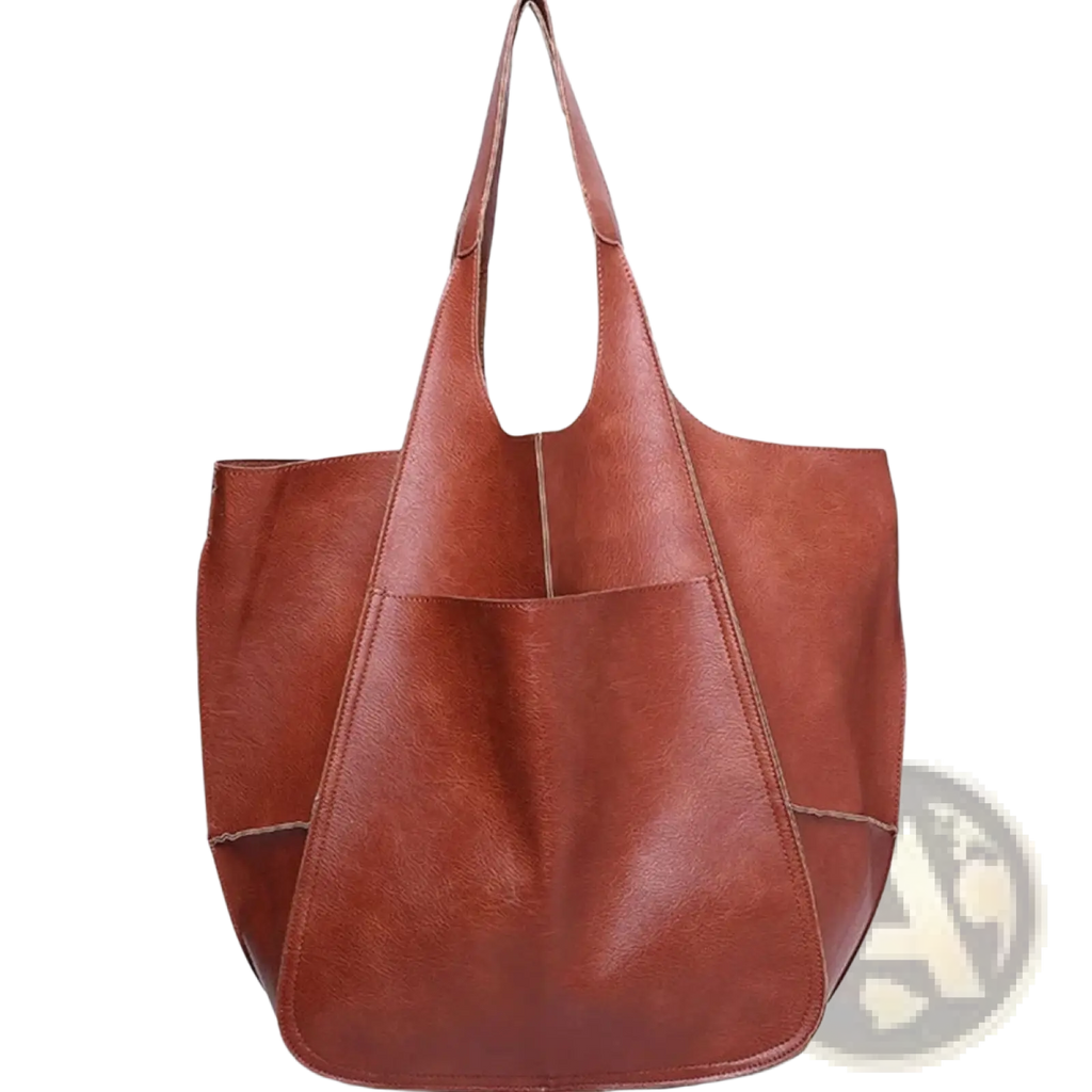 Brown faux leather leather tote bag with large capacity soft slouchy design and visible stitching details
