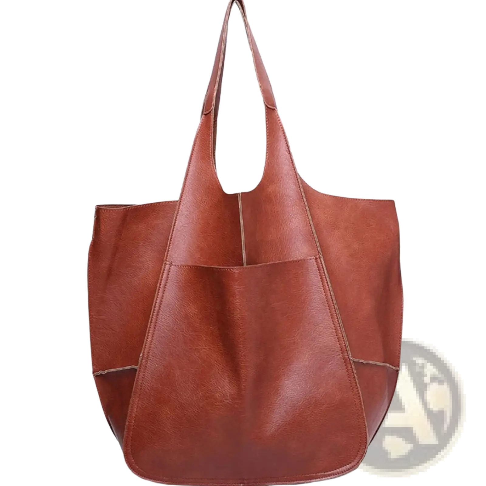 Brown faux leather leather tote bag with large capacity soft slouchy design and visible stitching details