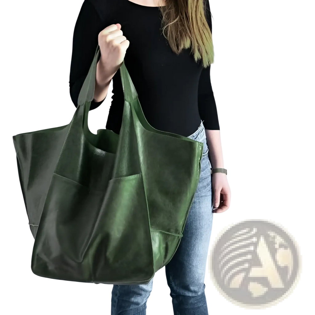 Olive green leather tote bag with large capacity soft slouchy design, two front pockets, and wide handles for shoulder use