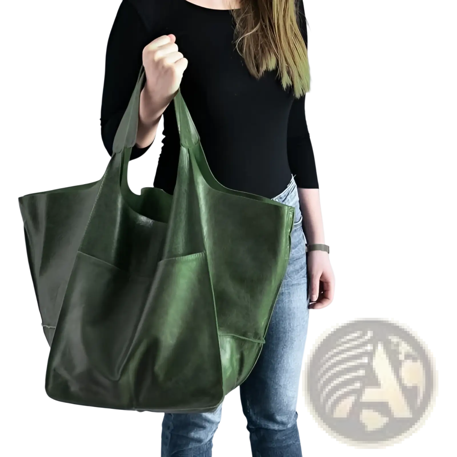 Olive green leather tote bag with large capacity soft slouchy design, two front pockets, and wide handles for shoulder use