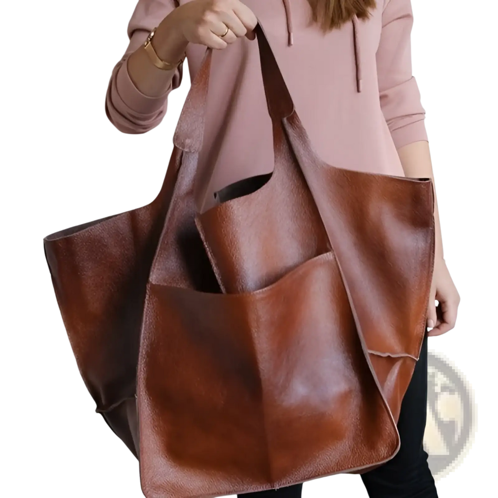 A rich brown leather tote bag with large capacity, soft slouchy design, and two spacious front pockets