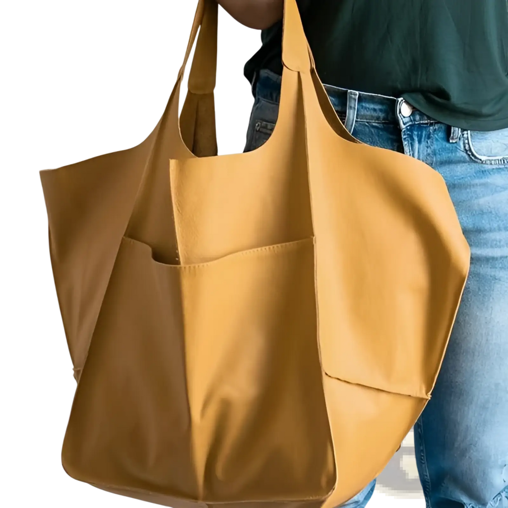 A mustard-yellow leather tote bag with large capacity, soft slouchy shoulder design and two front pockets
