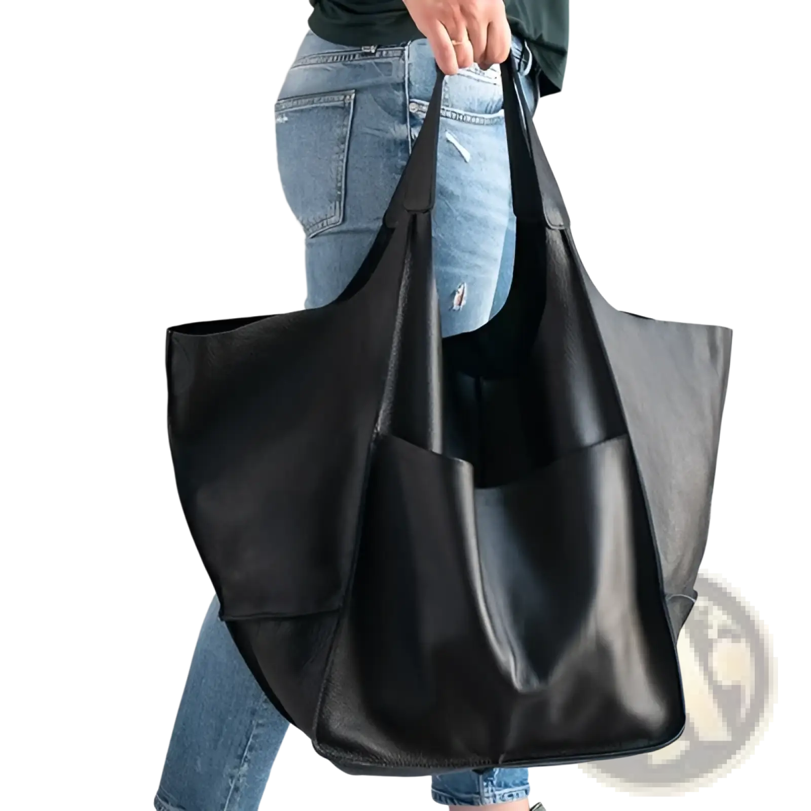 Black leather tote bag with textured surface and structured design large capacity soft slouchy shoulder bag