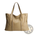 Beige leather tote bag made of pebbled cowhide with structured handles for shoulder or hand use
