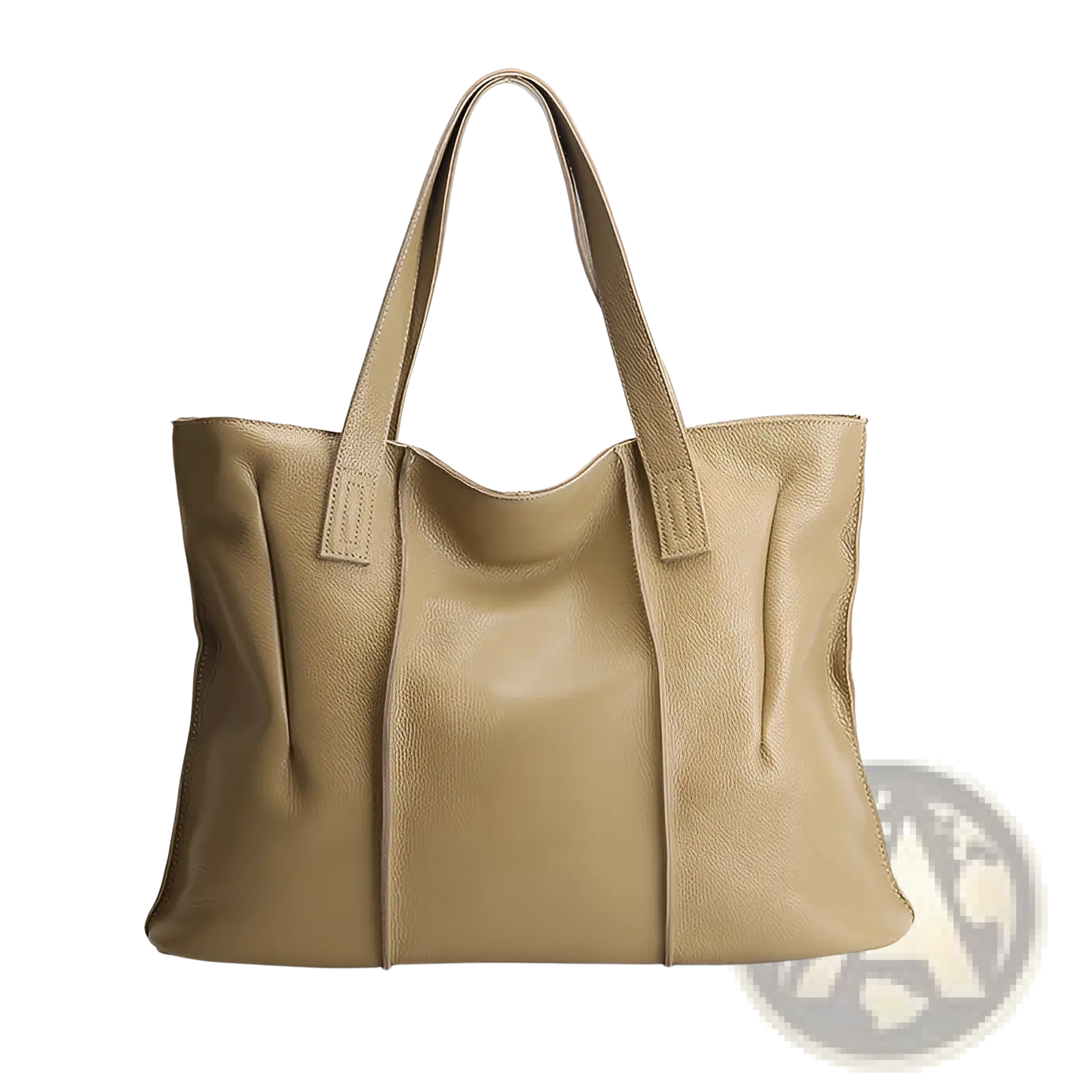 Beige leather tote bag made of pebbled cowhide with structured handles for shoulder or hand use