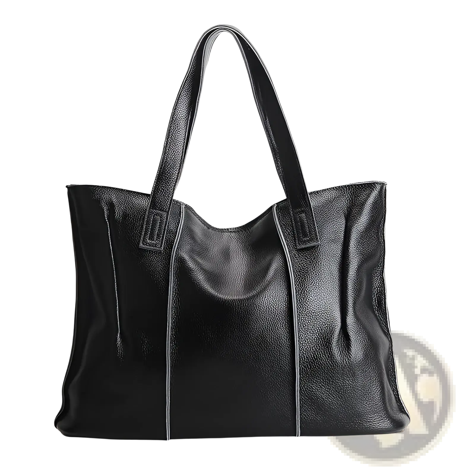 Black leather tote bag with pebbled cowhide texture and contrasting white stitching along the seams