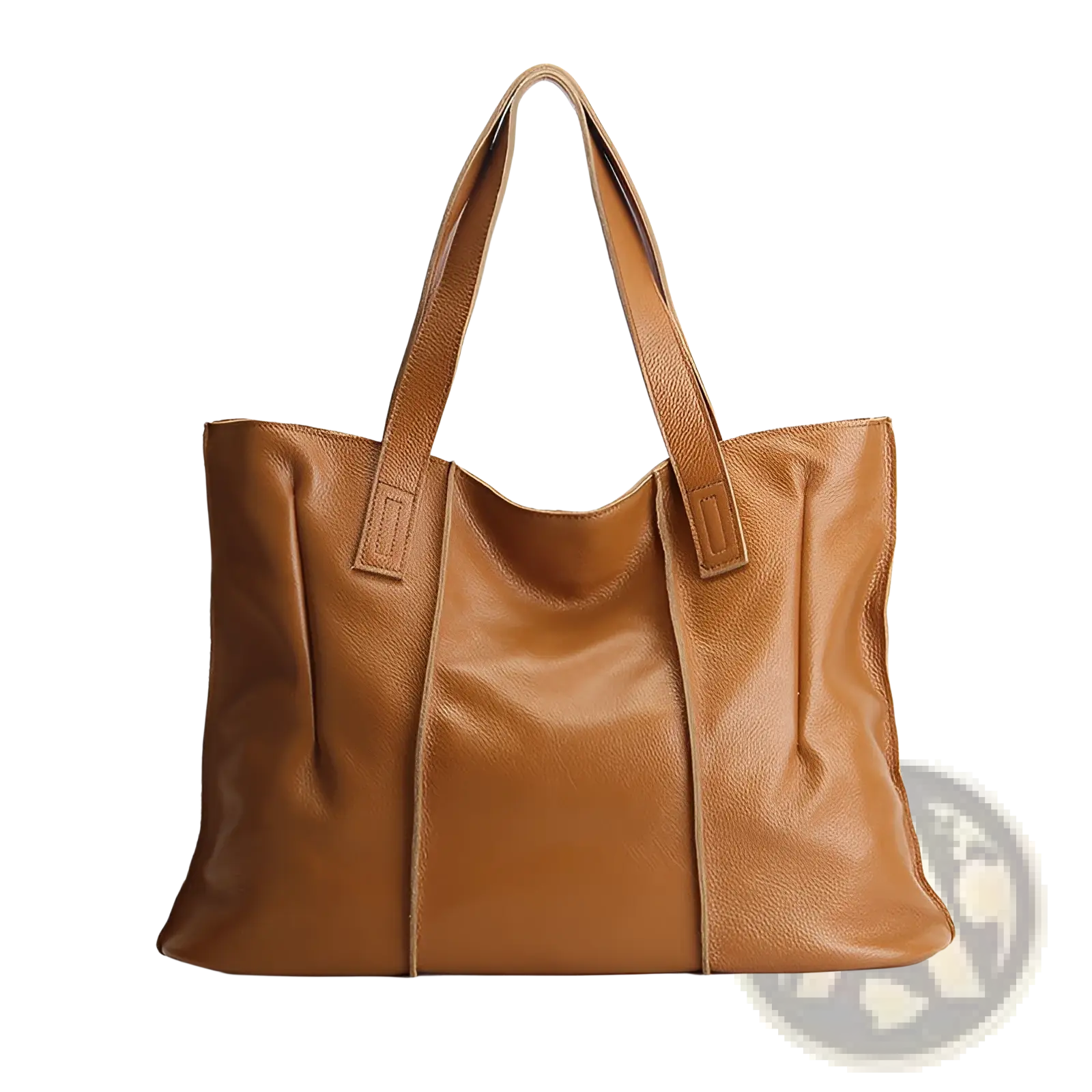Tan leather tote bag with soft pebbled cowhide texture and structured handles for shoulder or hand use