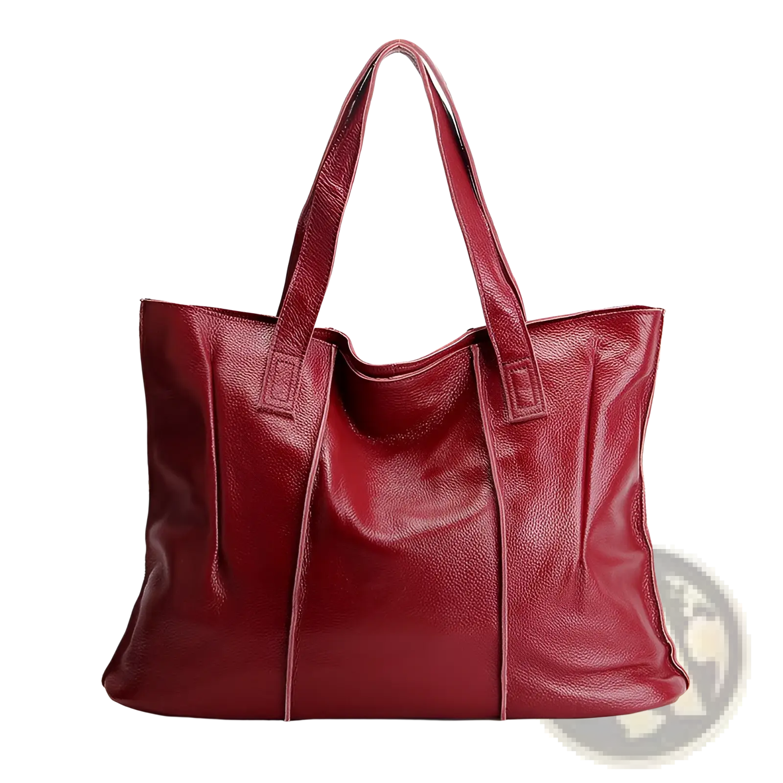 A rich burgundy pebbled cowhide leather tote bag with textured surface and structured handles for shoulder use