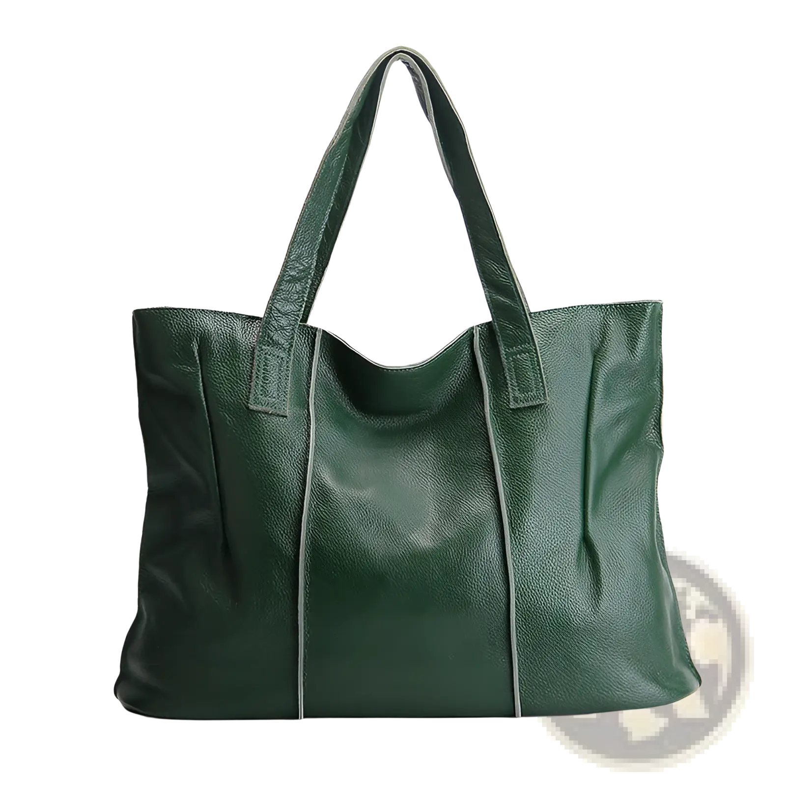 Deep green leather tote bag with light gray stitching and handles made of pebbled cowhide for shoulder use