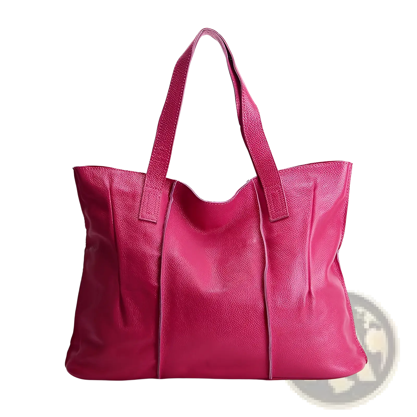 A vibrant fuchsia leather tote bag in pebbled cowhide with a textured surface and two sturdy handles