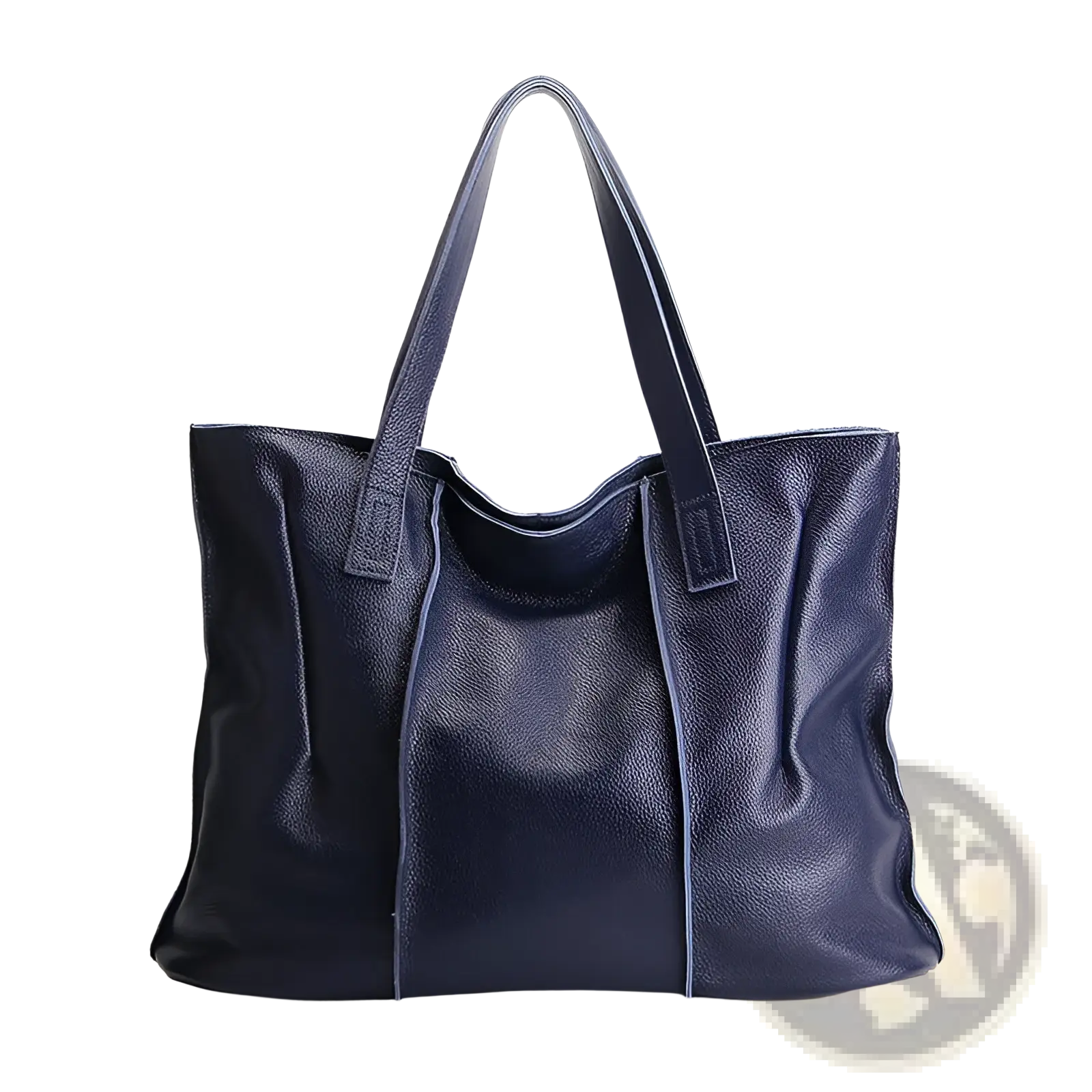 Deep navy leather tote bag pebbled cowhide with subtle texture and matching handles for shoulder use