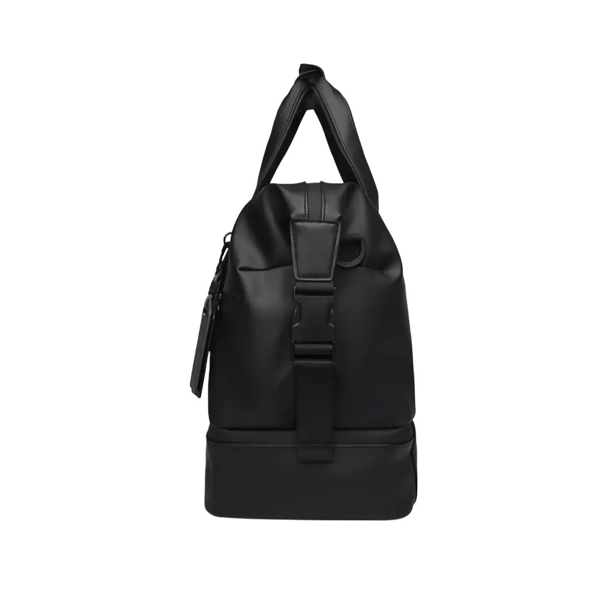 Black leather travel duffel bag with large capacity sturdy handles and secure buckle closure for durable use