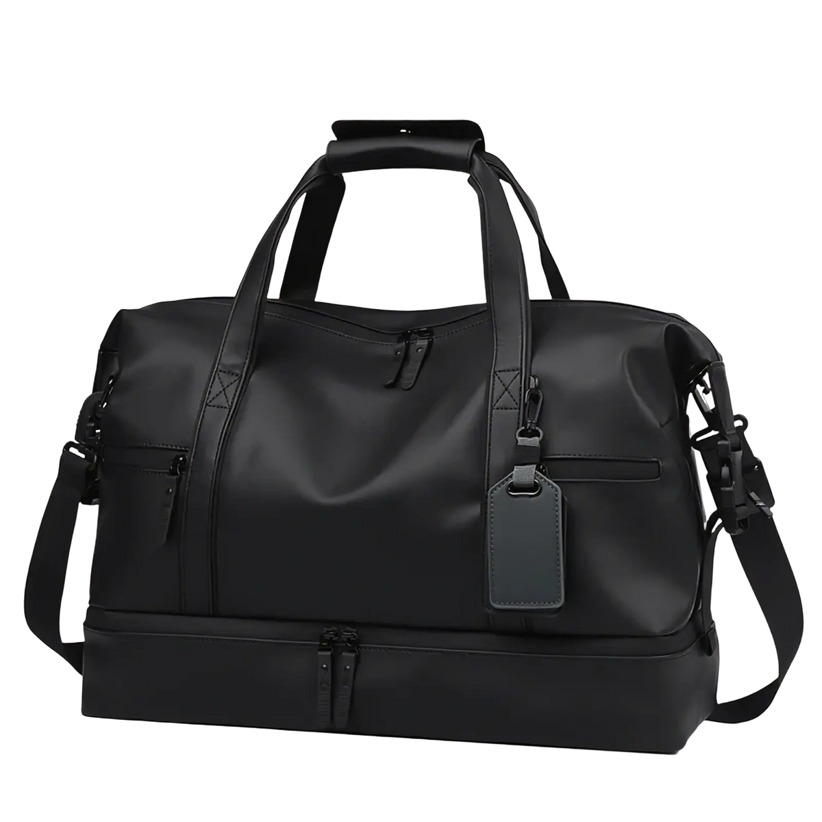 Black leather travel duffel bag with large capacity reinforced handles and adjustable shoulder strap for durability