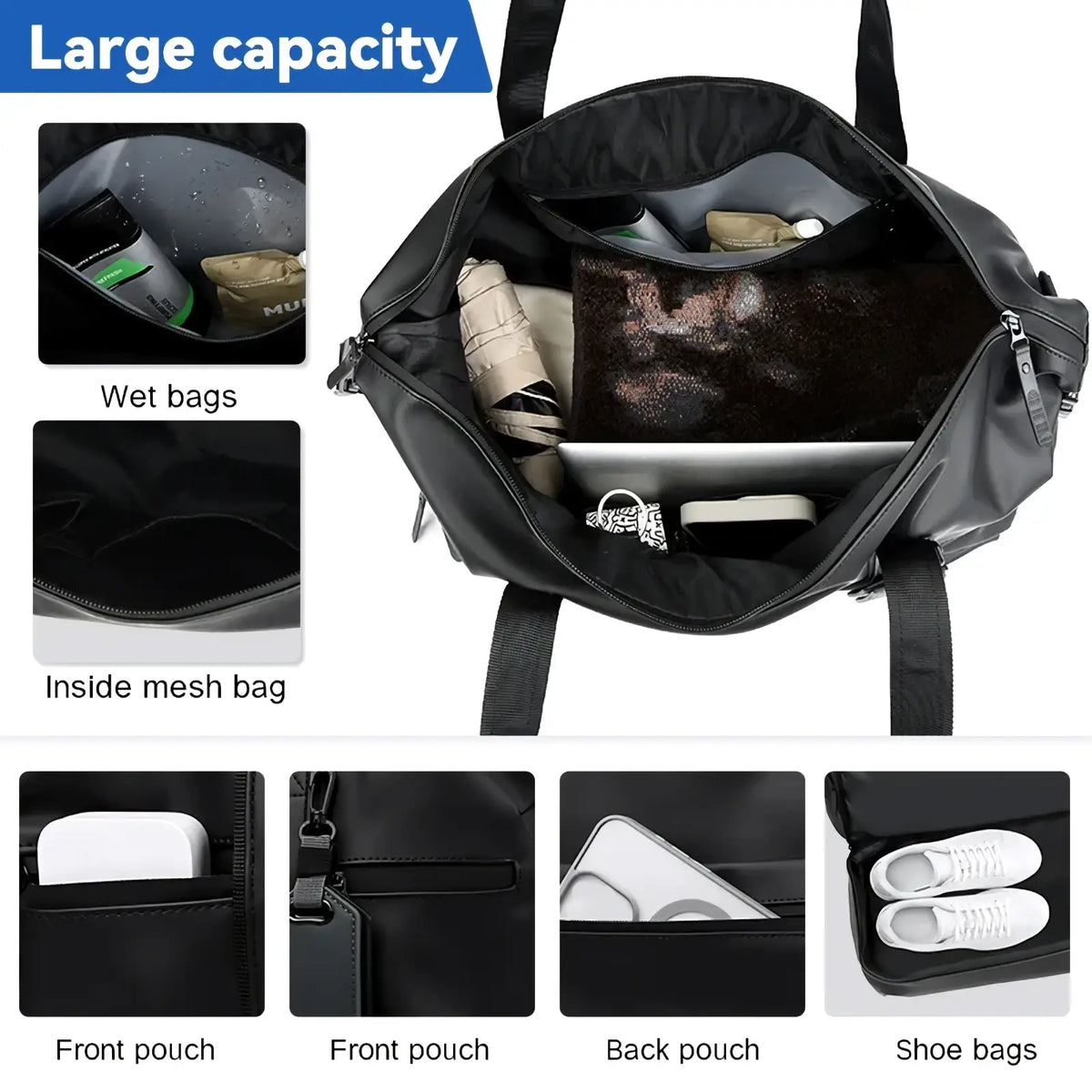 Black leather travel duffel bag with large capacity durable fabric multiple compartments and zippers for organization