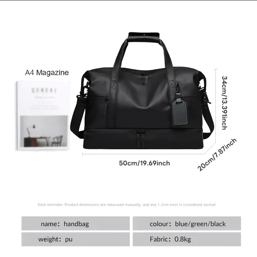 Black pu leather travel duffel bag with large capacity dual top handles and detachable shoulder strap