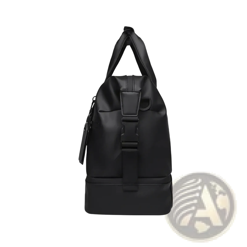 Black leather travel duffel bag with large capacity sturdy handles and secure buckle closure for durable use