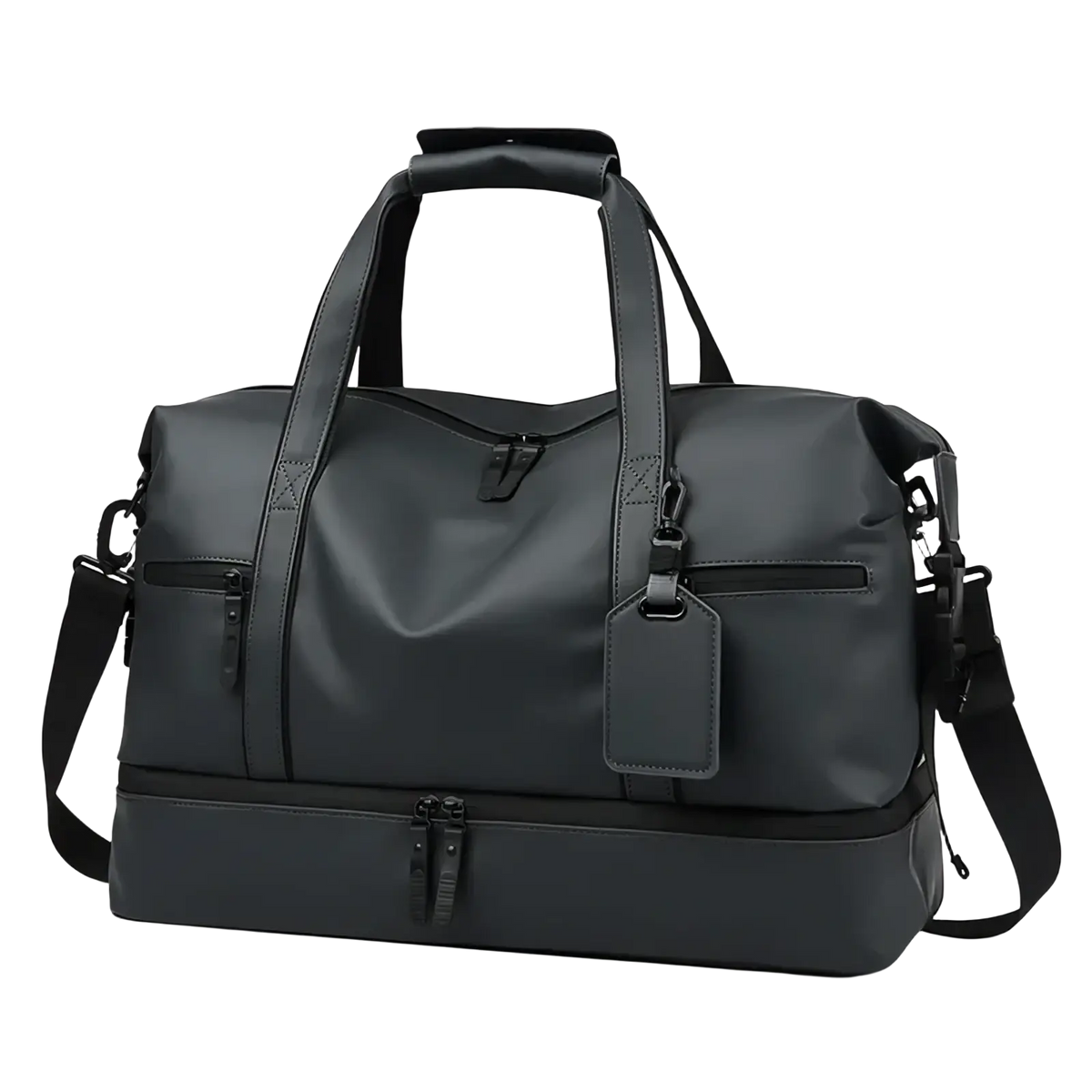 Leather travel duffel bag large capacity in black waterproof material with dual handles and adjustable shoulder strap