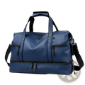 Leather travel duffel bag large capacity in blue leather with black handles and zippers for versatile travel use