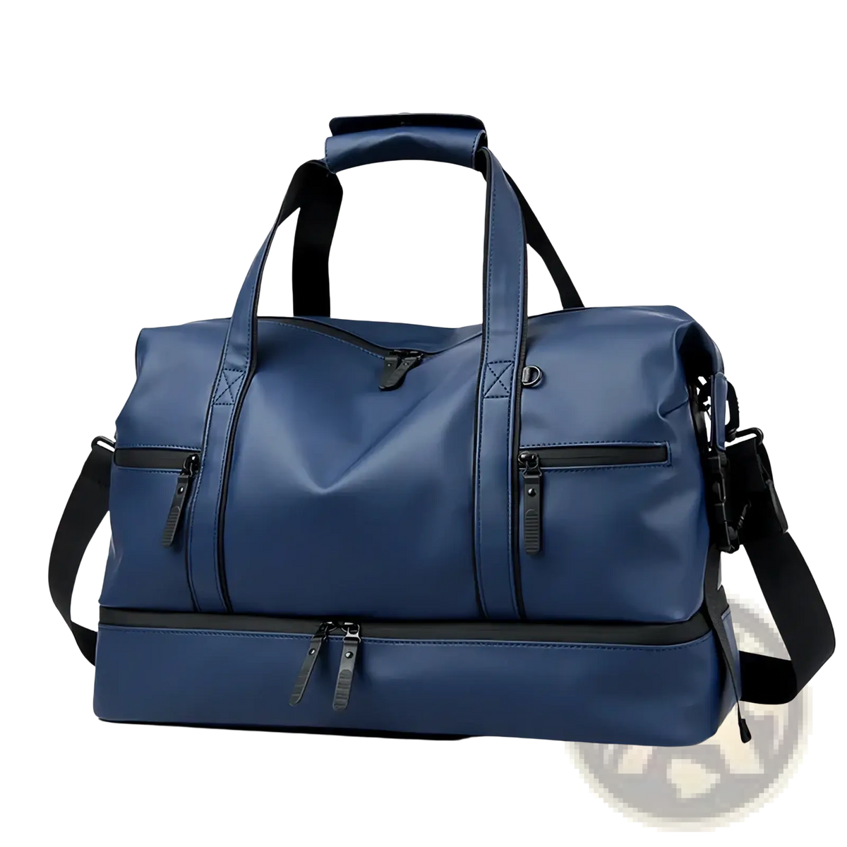 Leather travel duffel bag large capacity in blue leather with black handles and zippers for versatile travel use