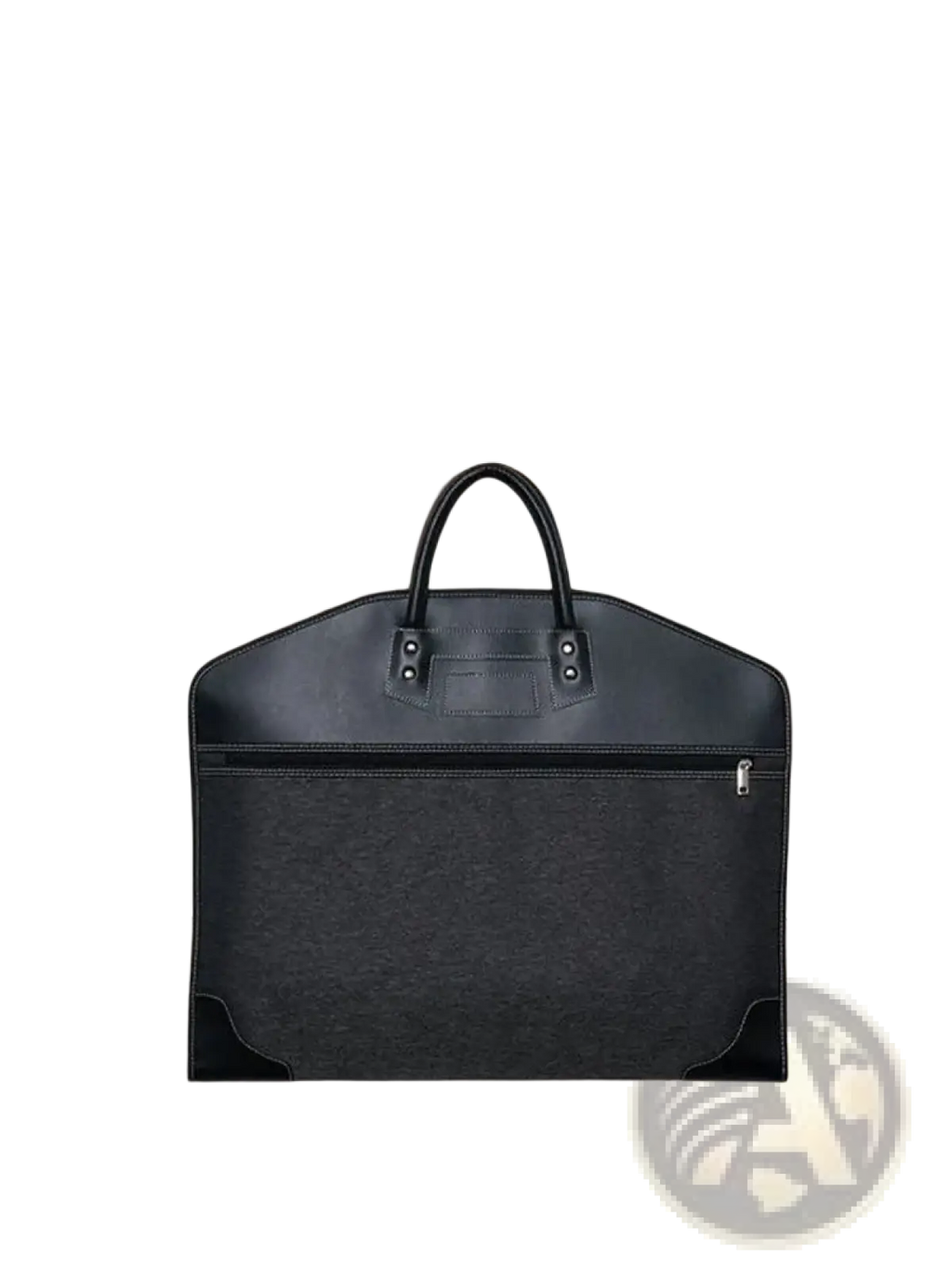 Black leather travel garment bag with structured design and top handles for waterproof business use