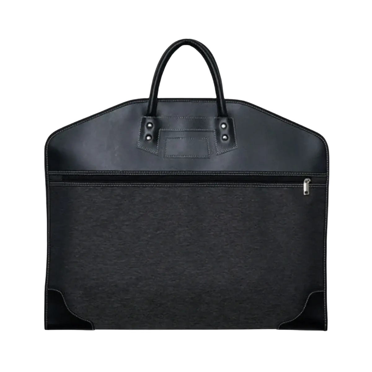 Black leather travel garment bag with textured front panel and sturdy top handles waterproof business carrier