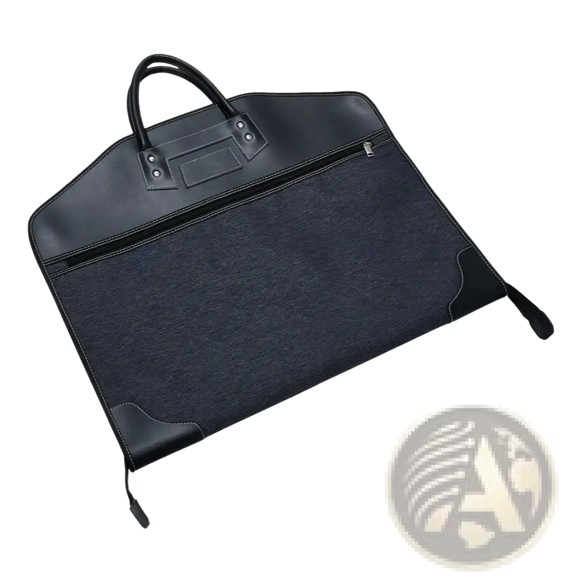 Black leather and fabric waterproof travel garment bag with top handle zipper closure and reinforced corners for business use