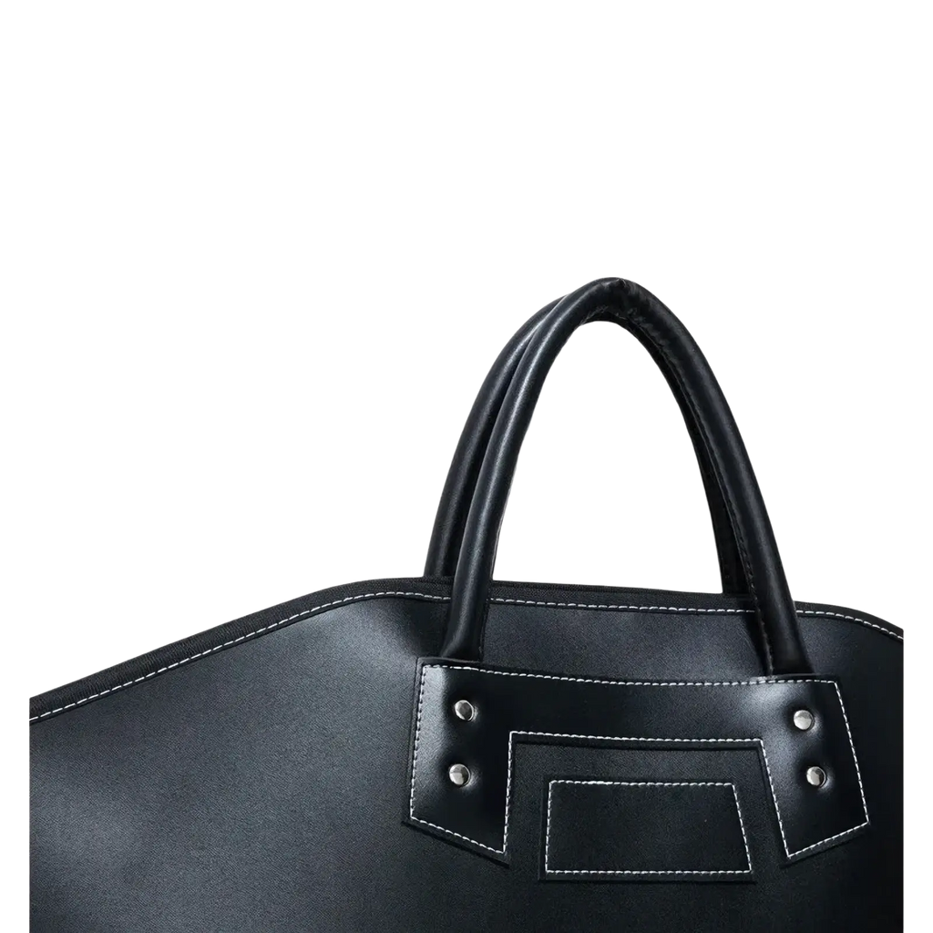 Black leather travel garment bag with waterproof business carrier design featuring white stitching and silver hardware accents