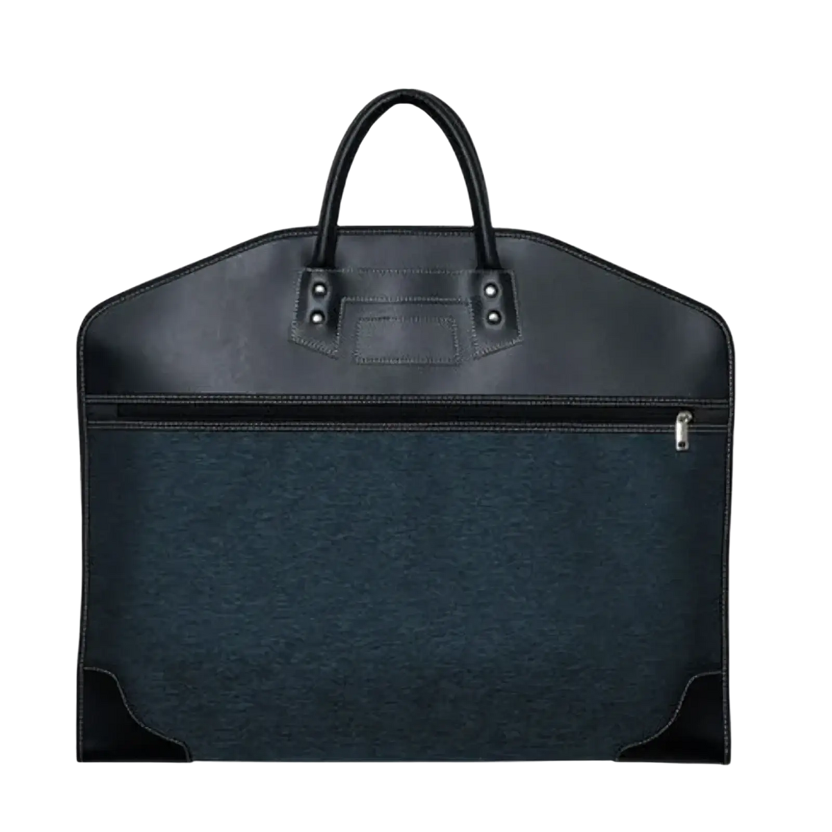 Black leather-trimmed waterproof travel garment bag with dark blue textured fabric and front zipper pocket for business use