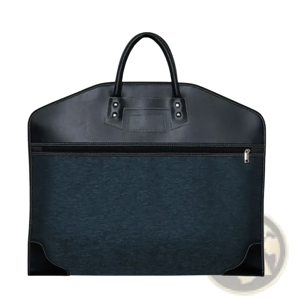 Black leather-trimmed waterproof travel garment bag with dark blue textured fabric and front zipper pocket for business use