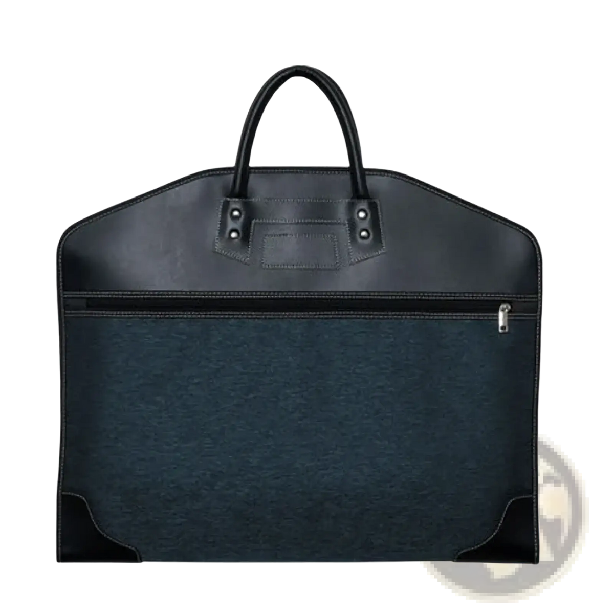 Black leather-trimmed waterproof travel garment bag with dark blue textured fabric and front zipper pocket for business use