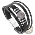Black leather multi strand bracelet for men with braided and smooth straps silver toned tree of life charm stainless steel clasp