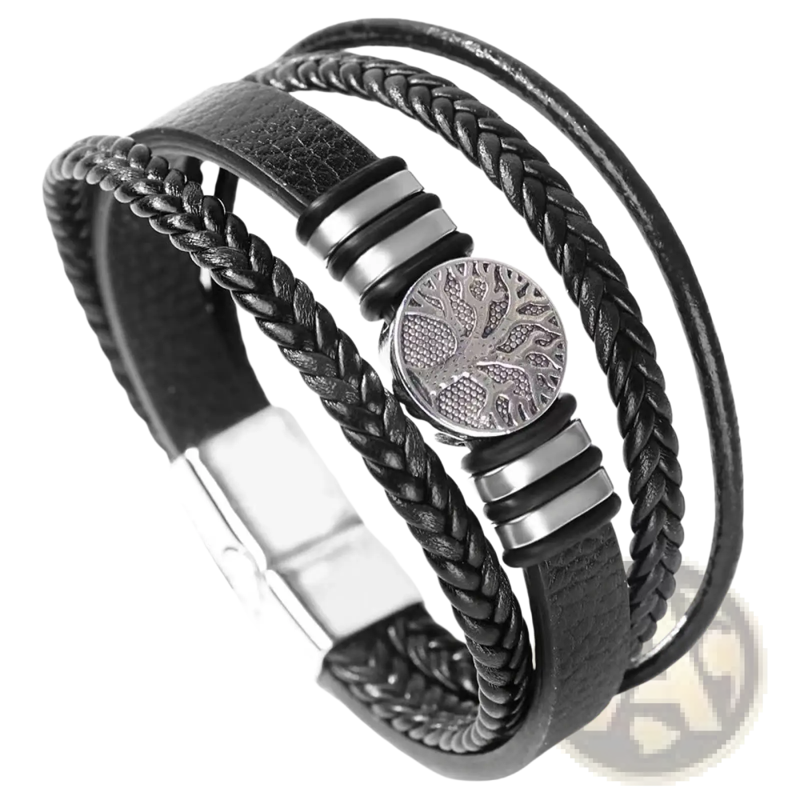 Black leather multi strand bracelet for men with braided and smooth straps silver toned tree of life charm stainless steel clasp