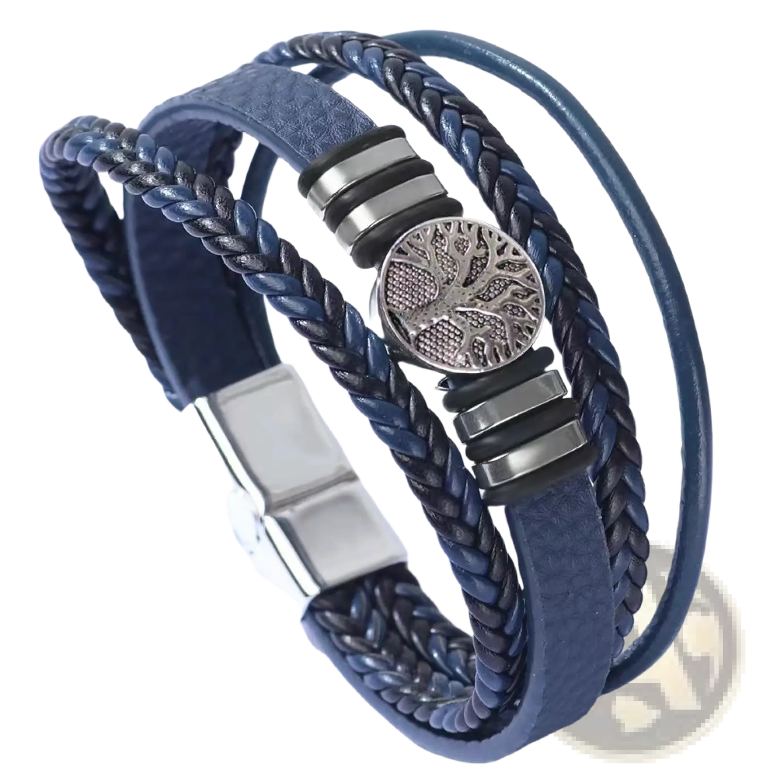 Blue braided leather tree of life multi strand bracelet for men with silver charm and magnetic clasp