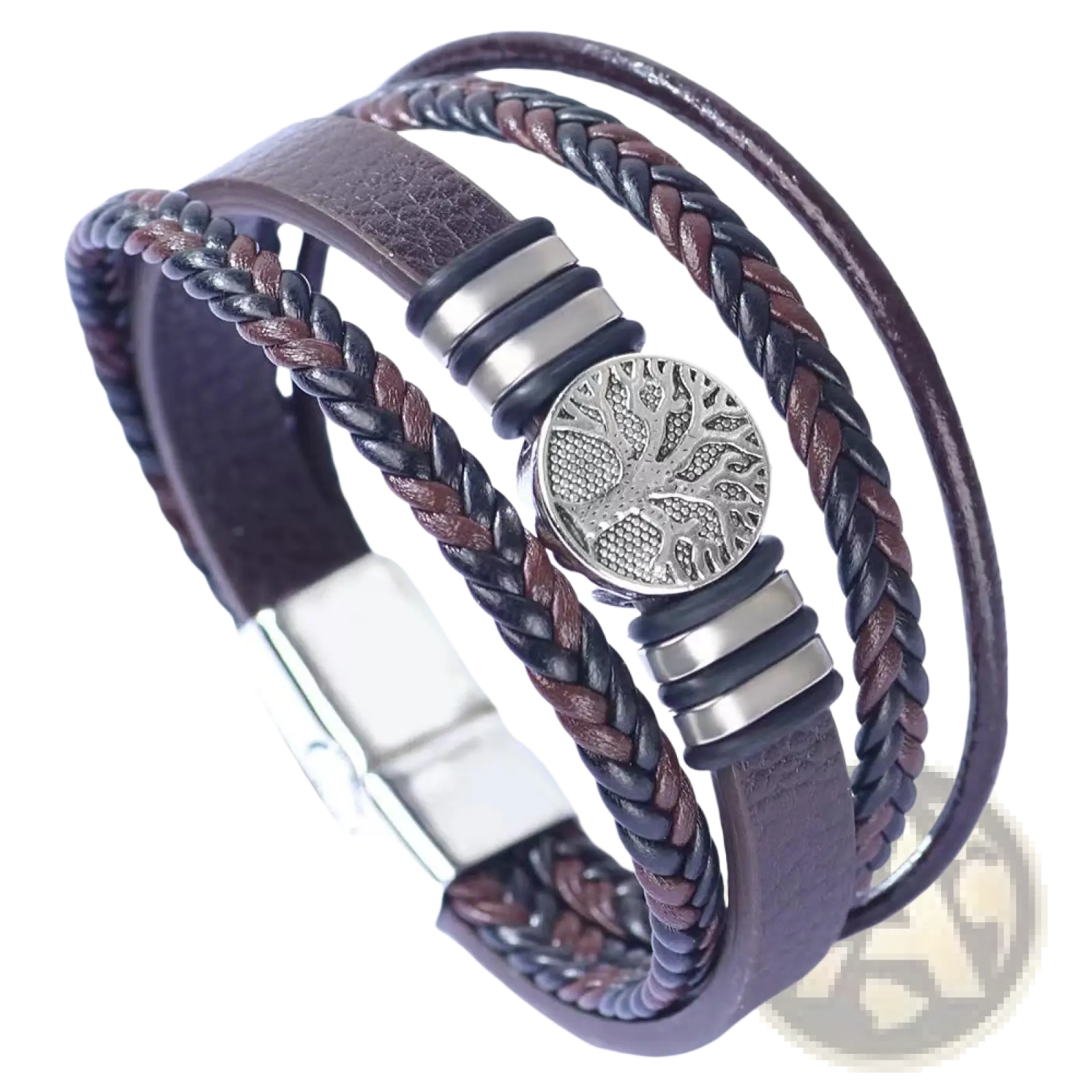 Brown and black braided leather multi strand bracelet for men with a silver tree of life charm