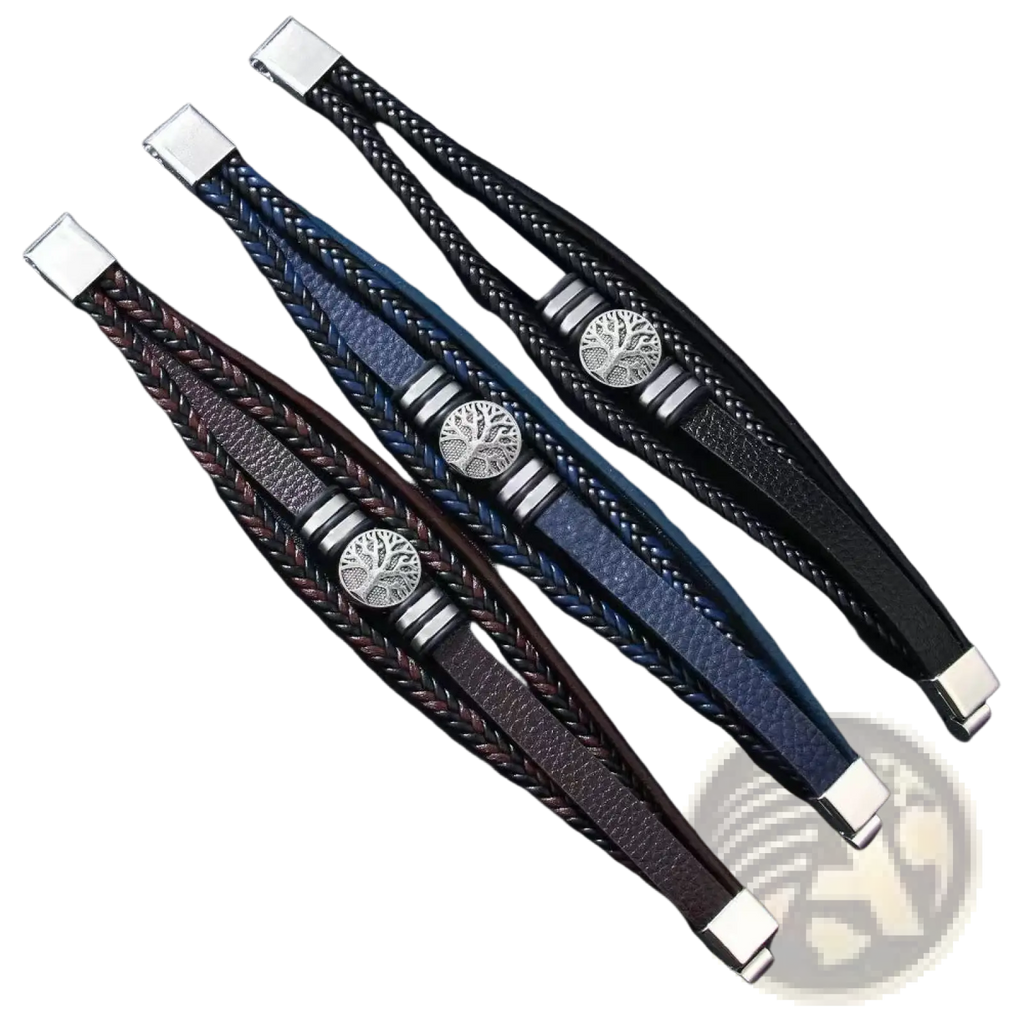 Leather tree of life multi strand bracelet for men with three braided leather strands in black navy and brown with silver charms