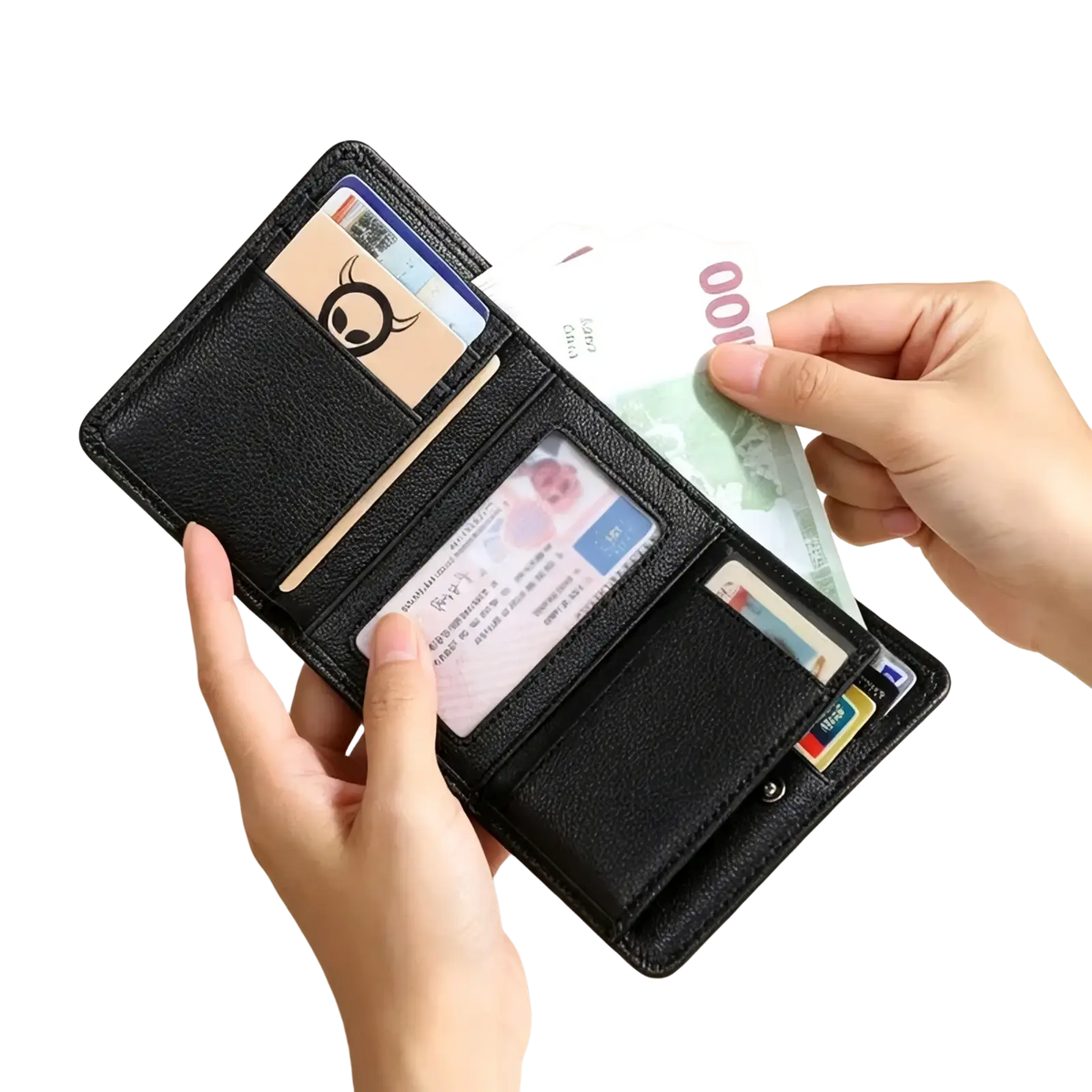 Black leather trifold wallet for men and women with multiple card slots and a transparent ID window