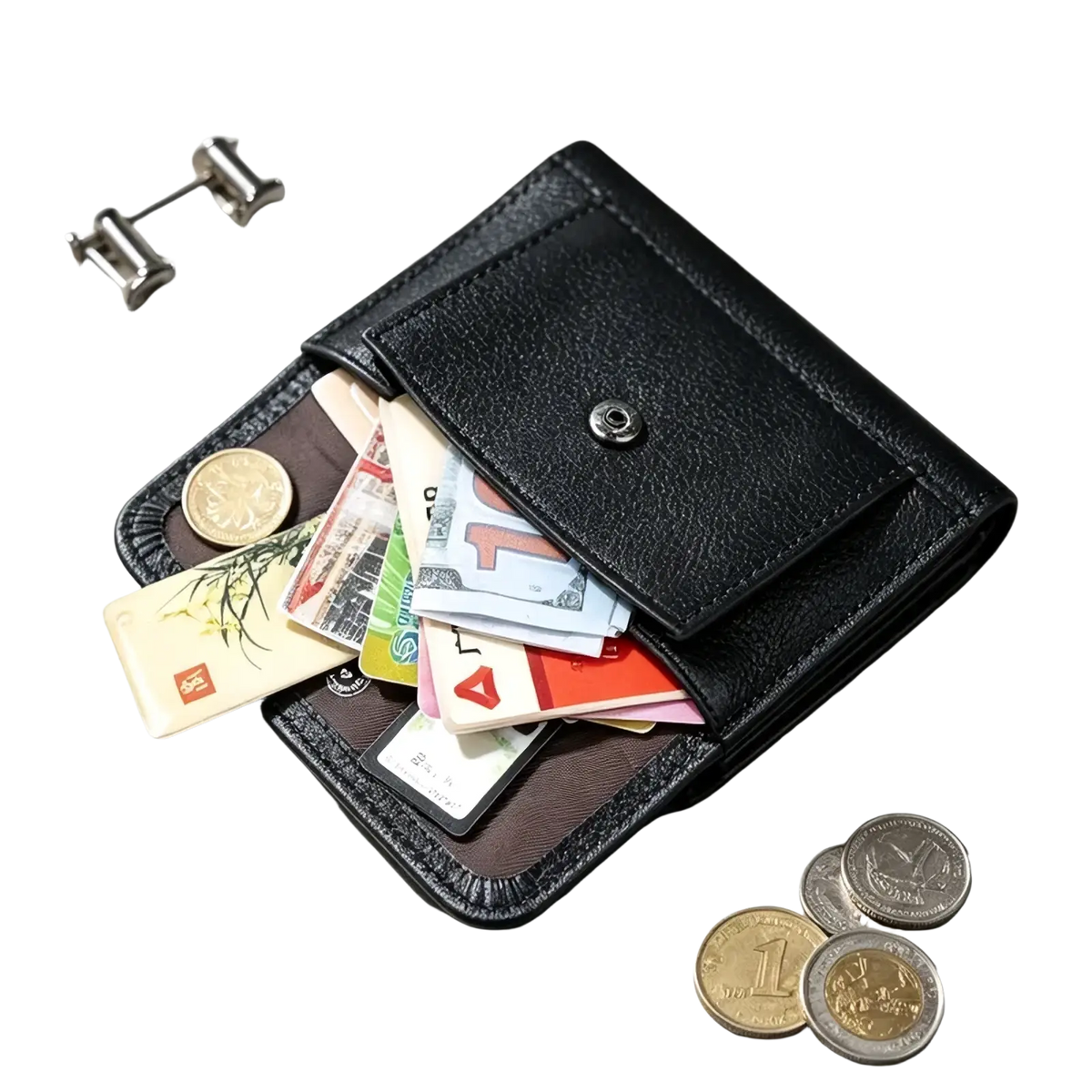 Black leather trifold wallet for men and women with snap button closure, partially open showing cards and cash inside
