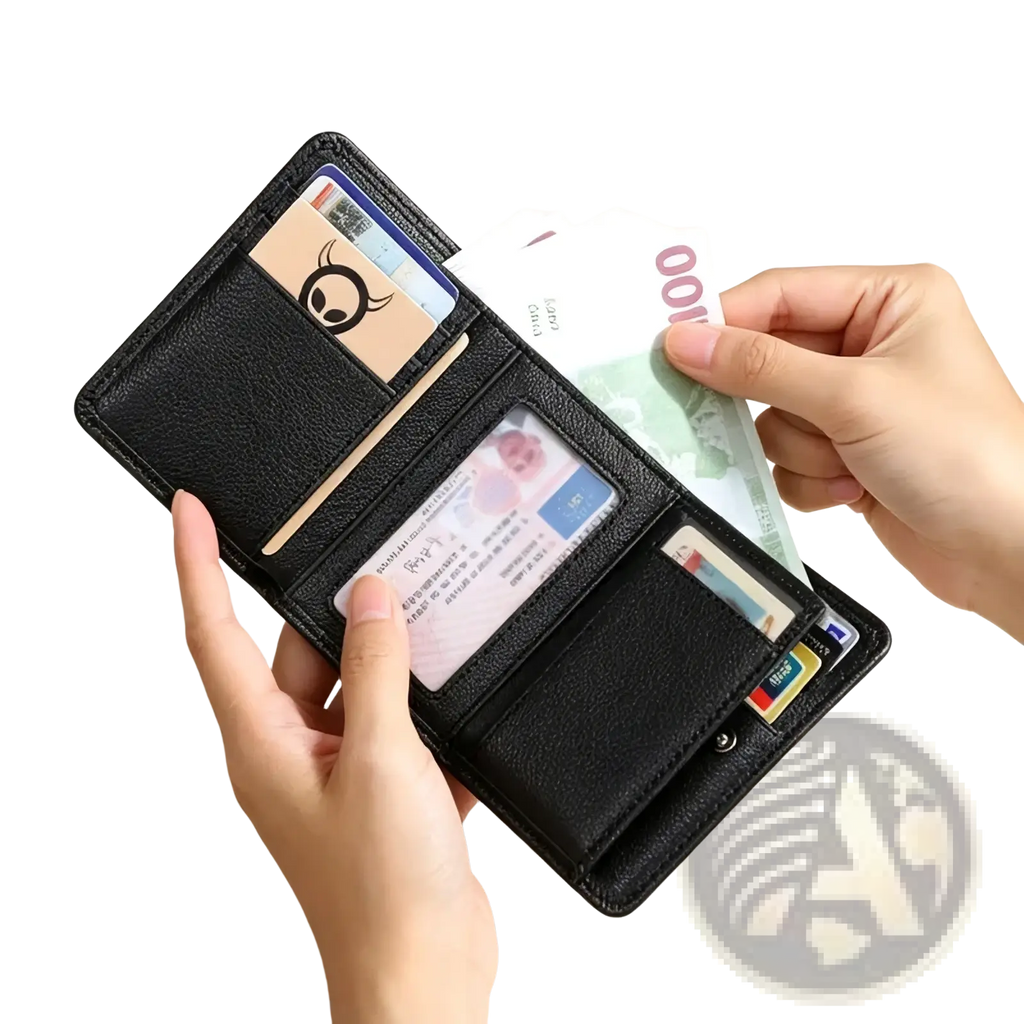 Black leather trifold wallet for men and women with multiple card slots and a transparent ID window