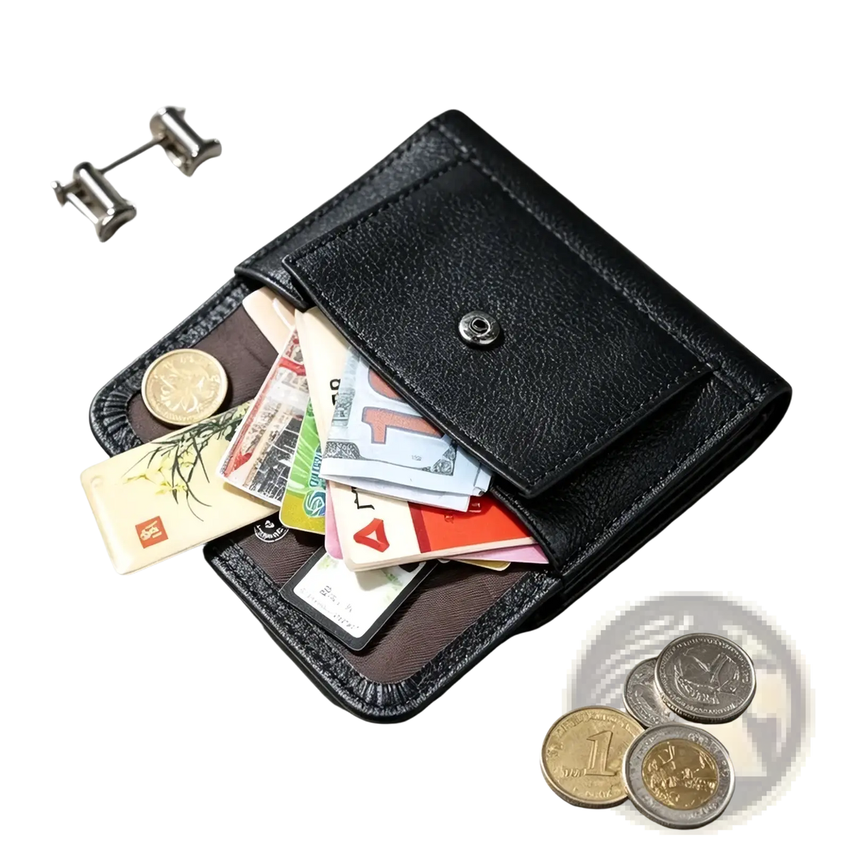 Black leather trifold wallet for men and women with snap button closure, partially open showing cards and cash inside