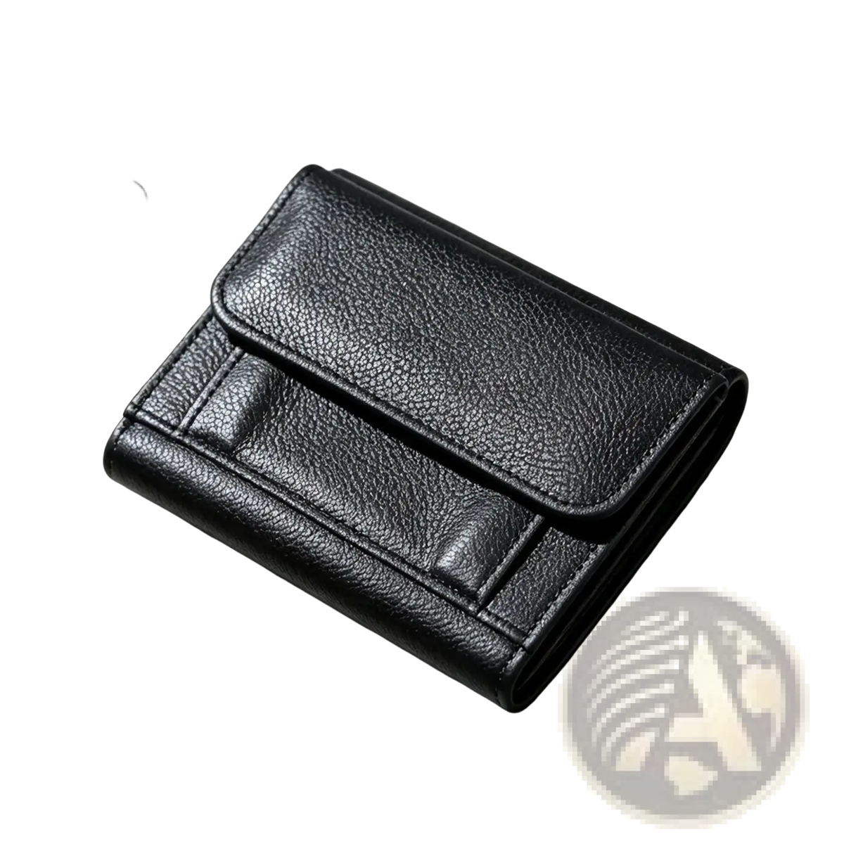 Leather trifold wallet for men and women made of black textured leather with stitched edges and flap closure